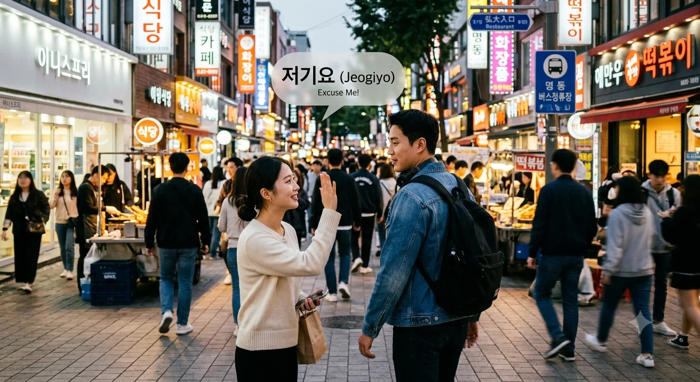 Woman on a busy Seoul street raising her hand to say jeogiyo, excuse me