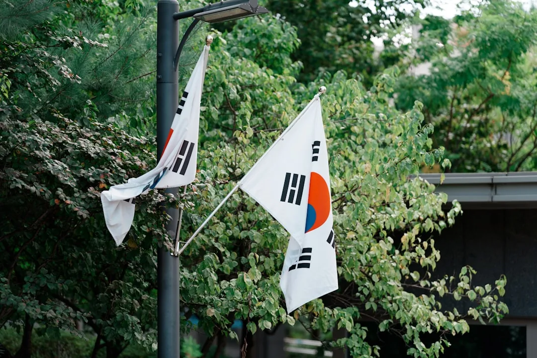 Two korean flags waving on a pole